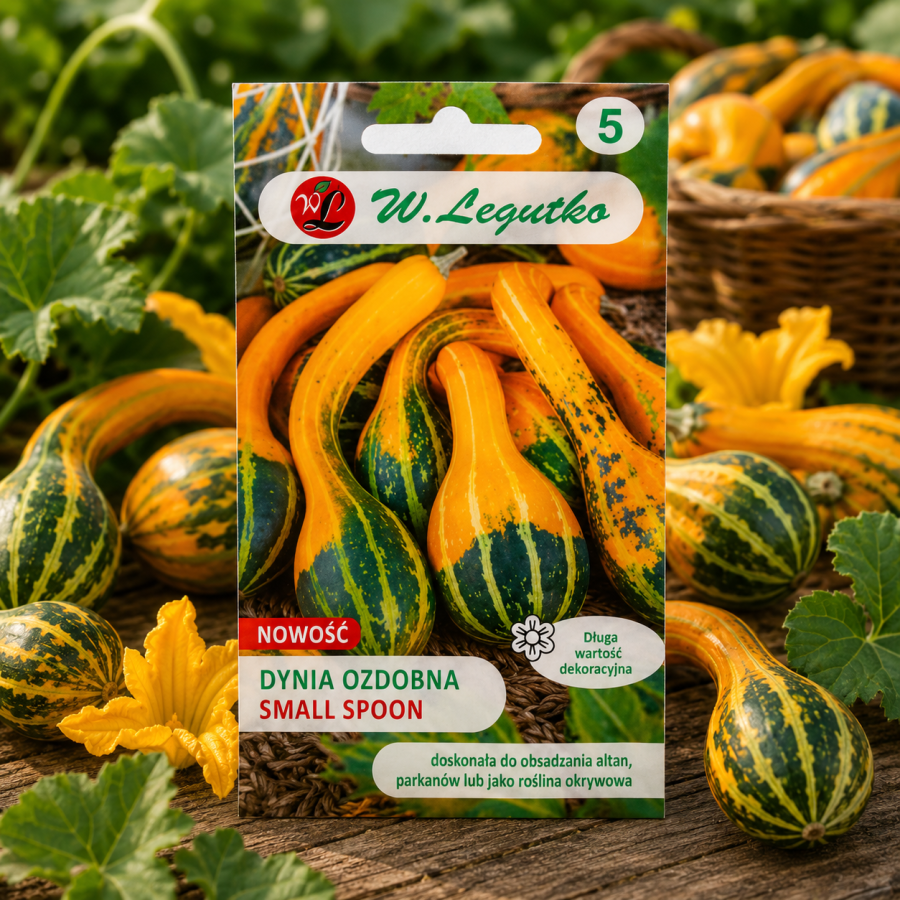 Dynia ozdobna Small Spoon 1 g – dekoracyjna odmiana o butelkowatych owocach