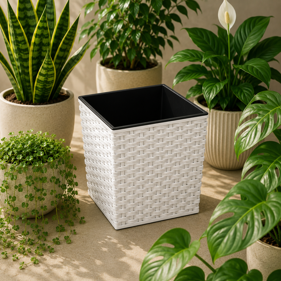 Doniczka JUKA RATTAN 300×300 biały+ wkł