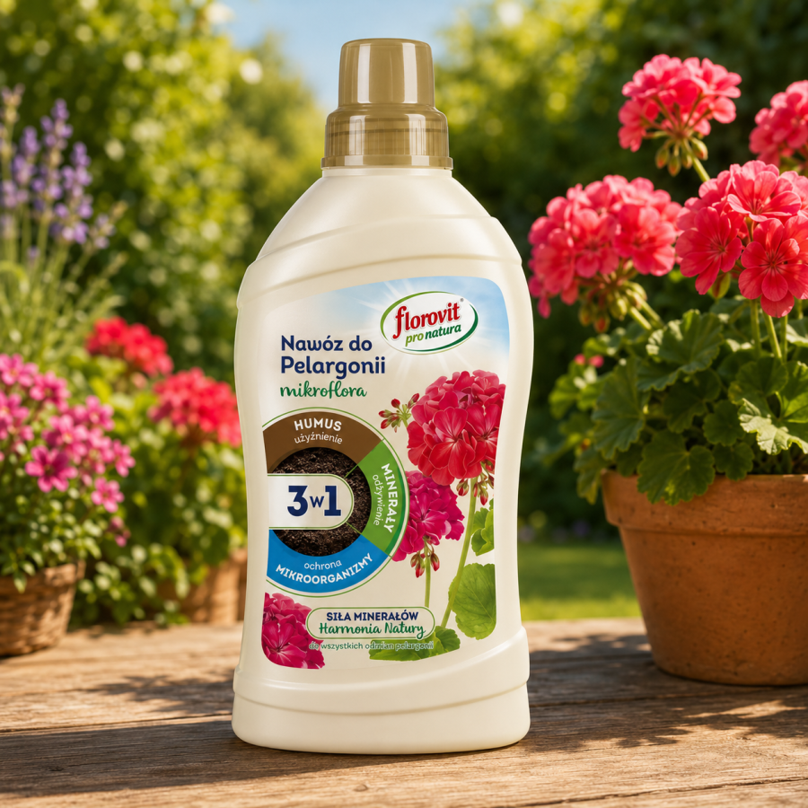 Florovit® Pro Natura Mikroflora 3w1 do Pelargonii – naturalny nawóz do pelargonii i roślin kwitnących 1l