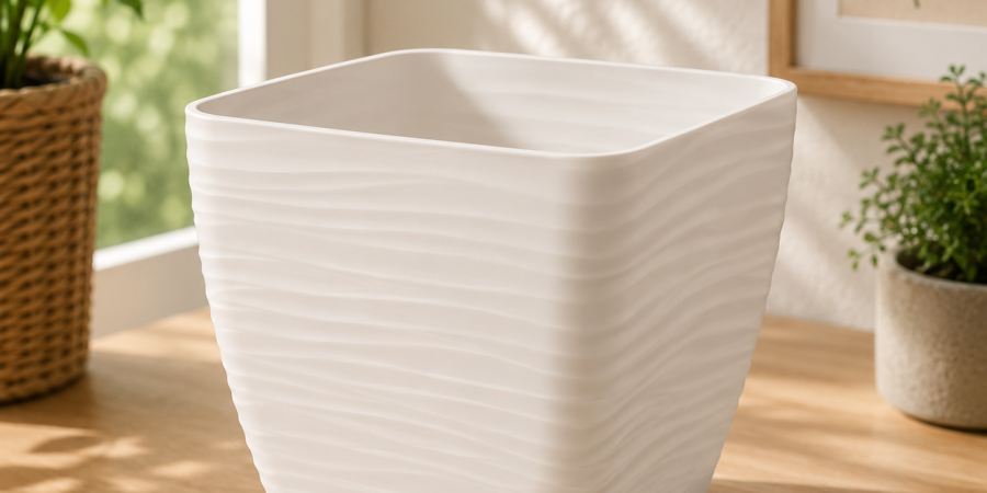 Doniczka Sahara Petit kwadratowa 127 × 127 × 118 mm kremowa z podstawką Form-Plastic