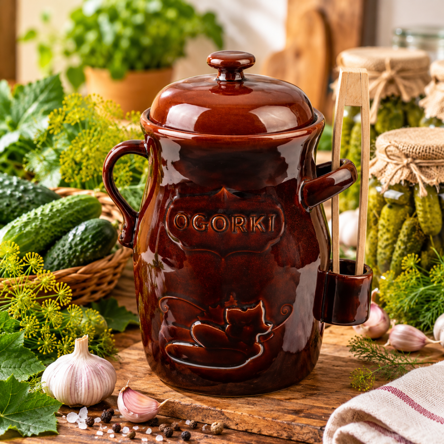 Beczka ceramiczna do kiszenia 3,5 l z pokrywką i drewnianymi szczypcami